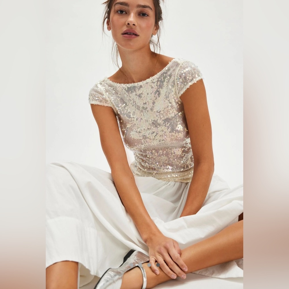 Free People Late Last Night Sequin Tee Icicle Combo XS - Picture 4 of 9